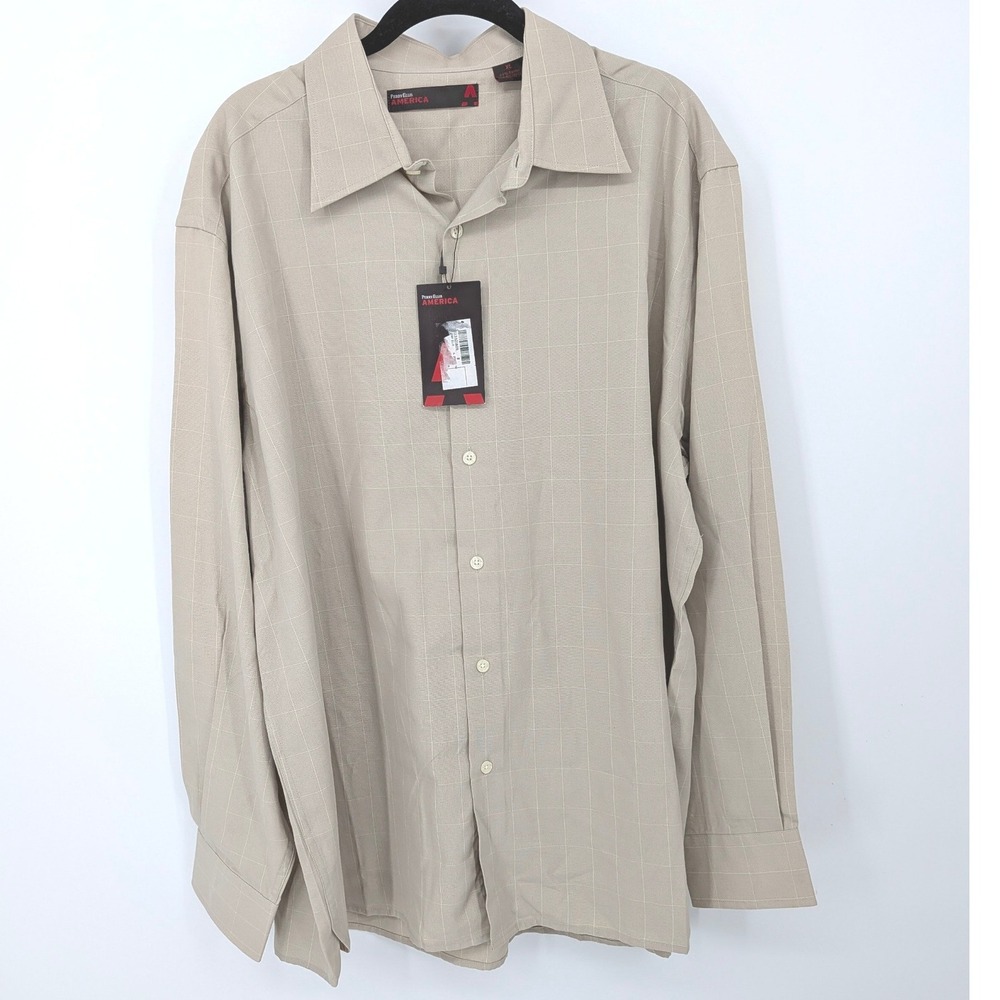 Perry Ellis America Button Down Mens XL Tan Plaid Long Sleeve Rayon Blend Office